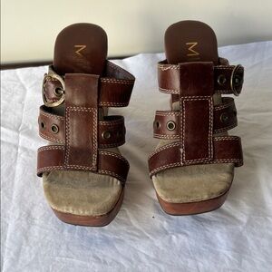 MIA Brown Leather Mules with Buckle Detail